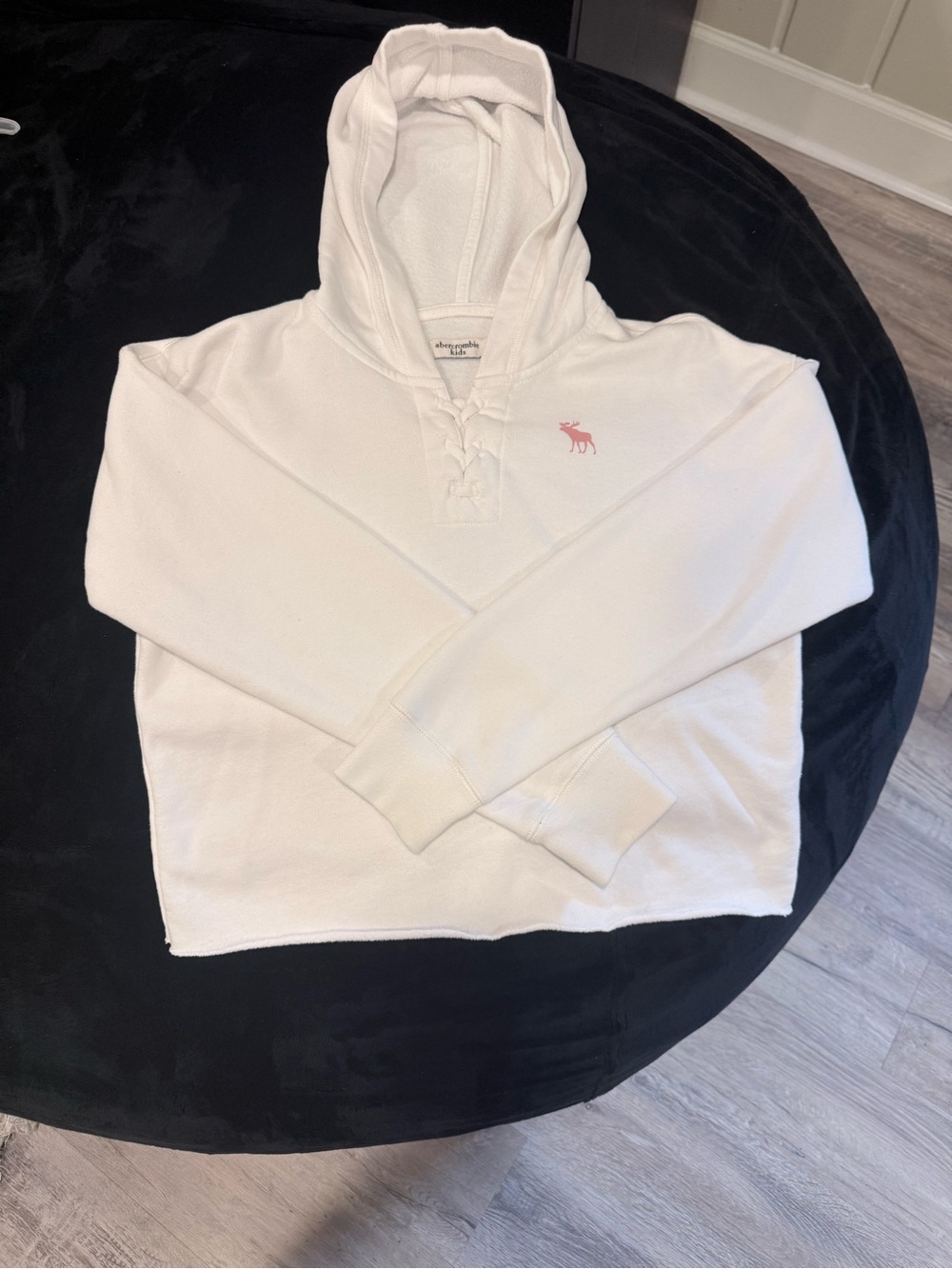 abercrombie kids White Crewneck Hooded Sweater with Pink Embroidered Logo
